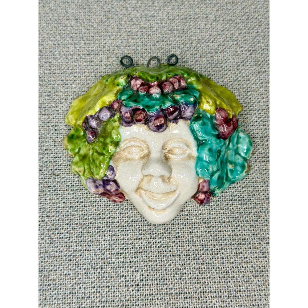 Vintage Ceramic‎ Grape Face Mask Wall Art Italian Style Bacchus Plaque 3.5”